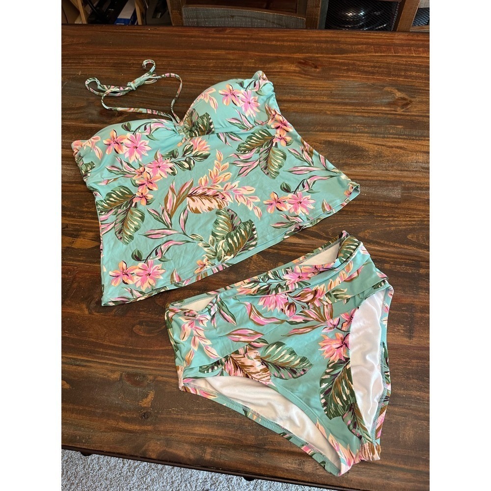 Tankini Swimsuit Top XXL & Bottom L Set Freshwater Floral Halter‎ 2 Piece NWOT